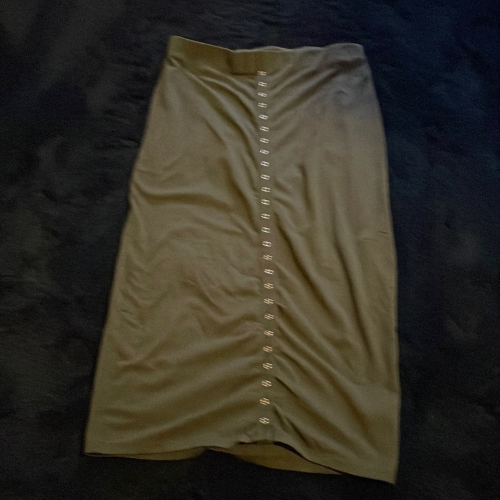 Army green pencil skirt.  Sliver buttons down the front